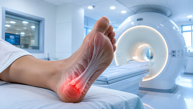 Plantar fasciitis foot radiology concept showing microtears near the calcaneus in a realistic medical imaging scene for healthcare, radiology, medical education, and patient education use