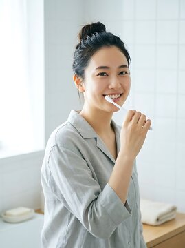 Young asian woman brushing her teeth in a bright bathroom