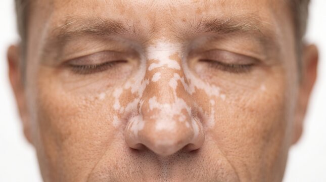 Close up portrait of man with eyes closed showing vitiligo depigmentation on face and nose