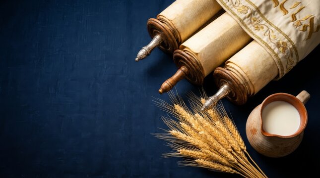 Torah scrolls, wheat, and milk on a dark blue background, symbolizing shavuot