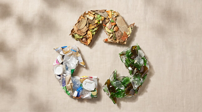 Waste separation. Recycling sign for organic waste, plastic, and glass