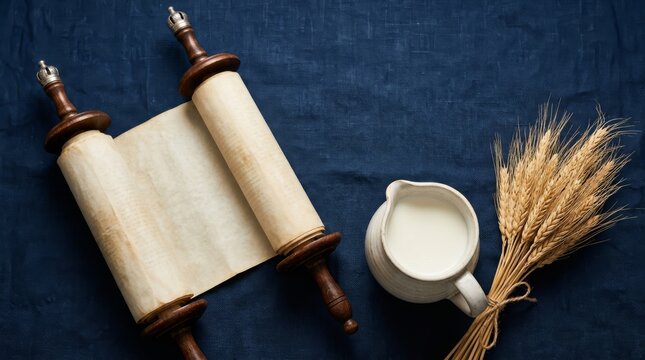 Torah scrolls, wheat, and milk on a dark blue background, symbolizing shavuot
