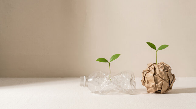 A green plant growing from plastic and paper, waste recycling concept