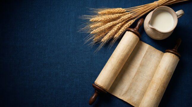 Torah scrolls, wheat, and milk on a dark blue background, symbolizing shavuot