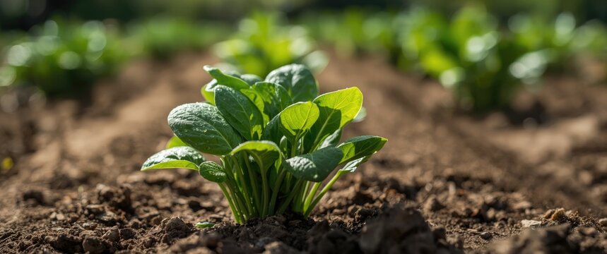 Closeup of Young Spinach Plant Growing in Rich Soil on a Sunny Day