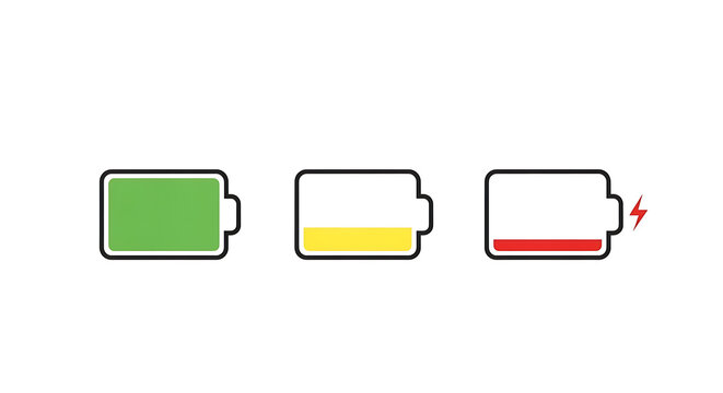 Three battery charge level indicators: full green, half yellow, and low red with lightning bolt