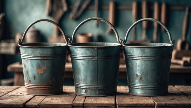 Rustic Metal Buckets on a Wooden Table in a Vintage Workshop Setting