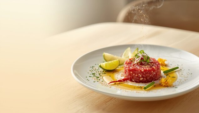 Tartare Dish Garnished with Fresh Lime and Herbs on a Wooden Table
