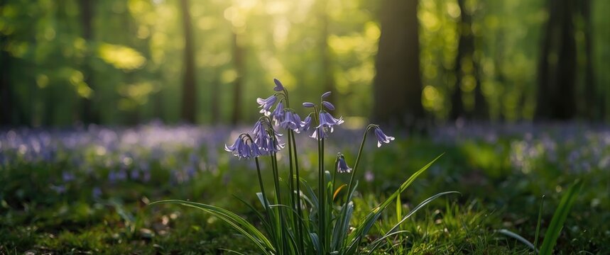 Bluebell Flowers Blooming in a Sunlit Forest Clearing with Soft Green Background