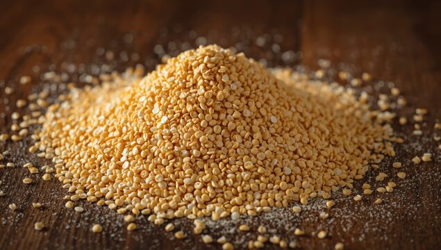 Yellow Legume Seeds Piled on Wooden Surface with Soft Lighting