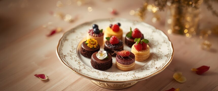 Elegant Dessert Platter with Assorted Mini Cakes Topped with Fresh Fruits and Edible Flowers