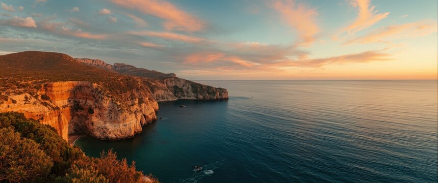 Coastal Cliffs Overlooking Calm Sea at Sunset with Colorful Sky