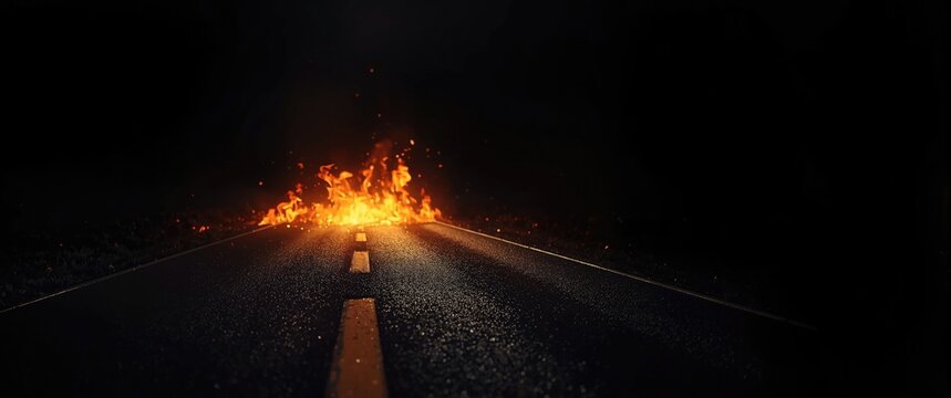 Flames Erupting on a Dark Road at Night with Wet Surface sheen