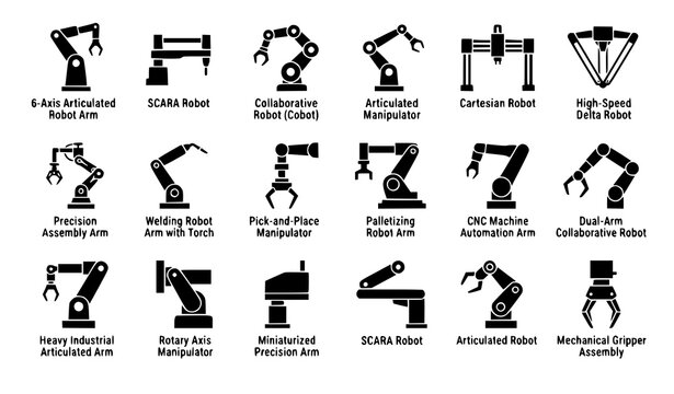 Industrial Robotic Hand Manipulator Silhouette Icons Set for Factory Automation CNC and Engineering Vector Collection