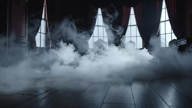 Thick white smoke rolling across polished floor in dark manor room