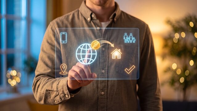 Global money transfer and international remittance concept man touching digital interface with globe dollar coin family and house for cross border payment sending funds home to family abroad