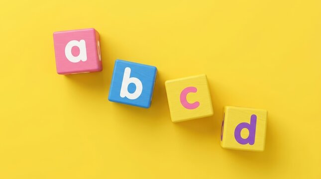 Colorful alphabet blocks spelling out ABCD on a bright yellow background.