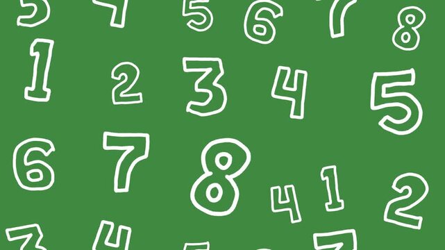 Hand-drawn white chalk number doodle icons seamless pattern on green board with cute handwritten number line art wallpaper for education symbol and back-to-school backdrop design.