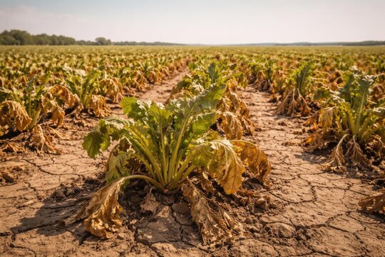 Dying Sugar Beet Plants in Parched Agricultural Field under Bright Sunlight