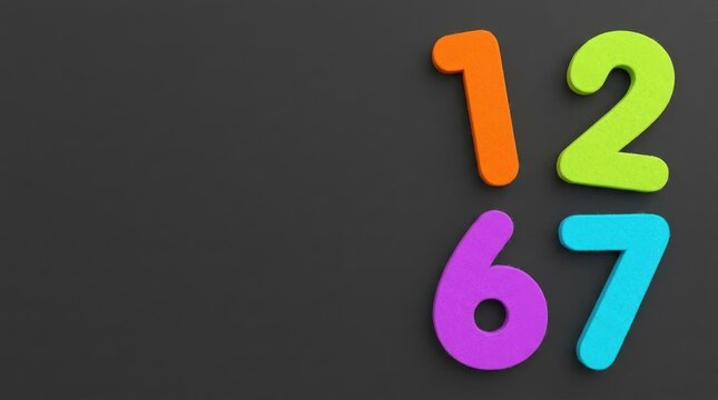 Colorful Numbers One Two Six Seven Arranged on Dark Gray Background.