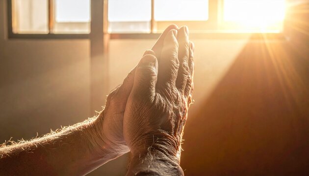 Elderly hands clasped in prayer bathed in warm sunlight