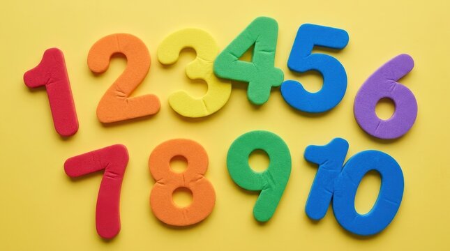 Colorful Numbers One Through Ten Arranged on a Yellow Background.