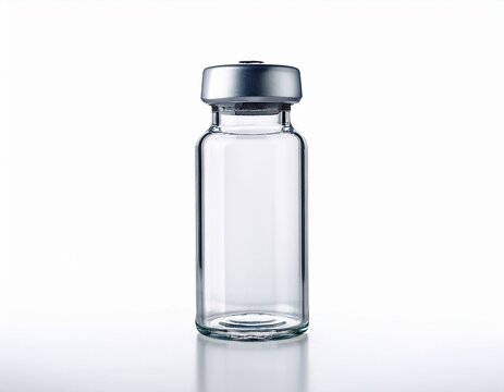 empty glass medical vial with a silver aluminum crimp cap on a clean white background for pharmaceutical or laboratory use isolated studio shot