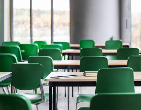 empty modern classroom with green chairs and digital tablets