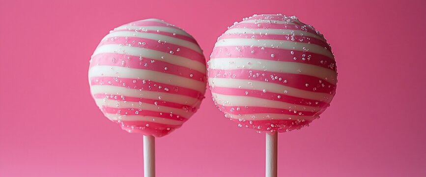 Pink striped cake pops on pink background, sweet treats, dessert