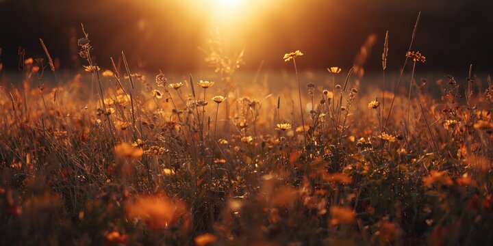 Sunlit Wildflower Field at Sunset with Warm Glow and Soft Focus