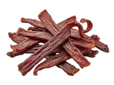 Dried beef jerky sticks on white background