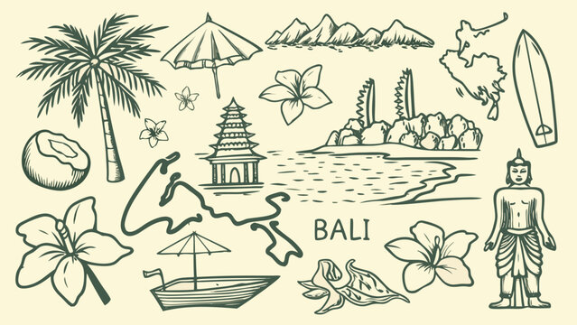 bali travel icons set in line art style palm tree umbrella temple boat surfboard flower map island