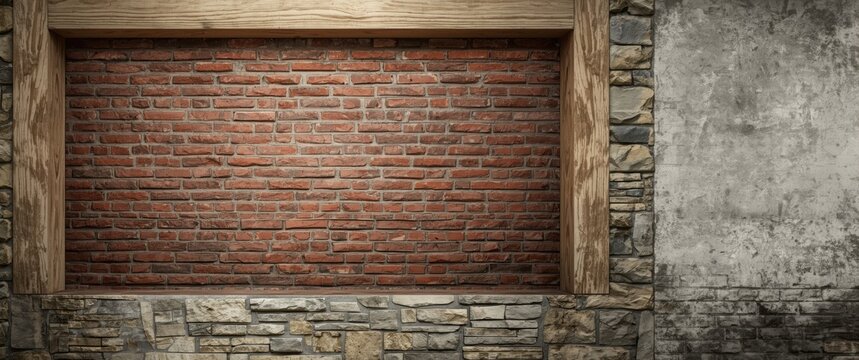 Brick Wall Framed with Wooden Borders and Stone Base in Industrial Setting