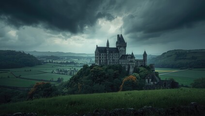 Obraz premium Mysterious Castle on a Hill Under Dark Stormy Clouds
