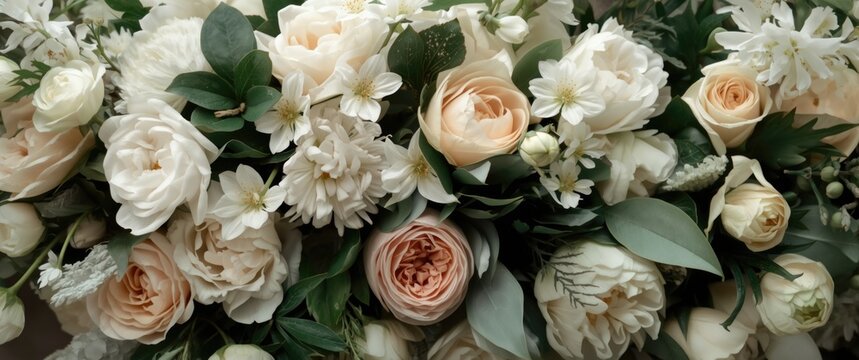 Elegant Floral Arrangement with Soft Cream and Peach Roses and Greenery