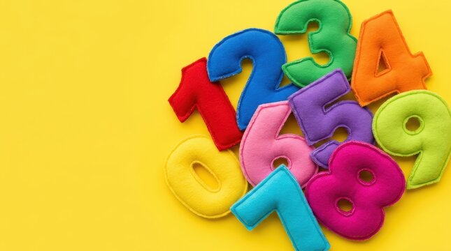 Colorful plush numbers scattered on a bright yellow background.