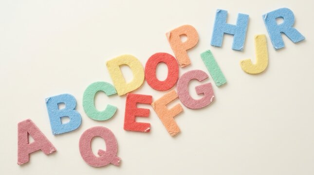 Colorful Wooden Alphabet Letters Scattered on White Background.