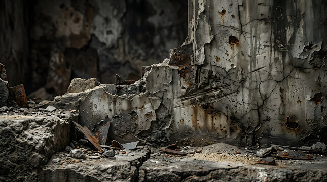 Crumbling stone wall with rubble in abandoned ruin.