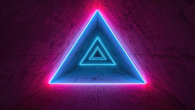 Neon Triangle Light Installation in a Dark Concrete Room