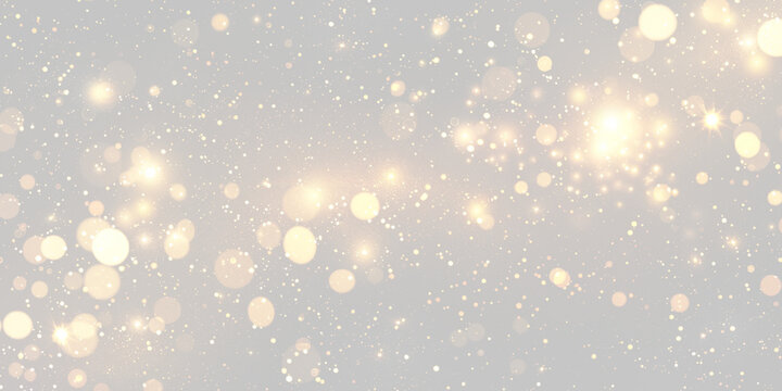 Golden shimmering bokeh lights scattered on a dark background with glowing sparkles on transparent background