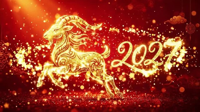 Golden leaping goat symbolizing fire goat zodiac on vibrant red background with 2027 text and clouds. Traditional prosperity and festive holiday concept in ornate illustration style