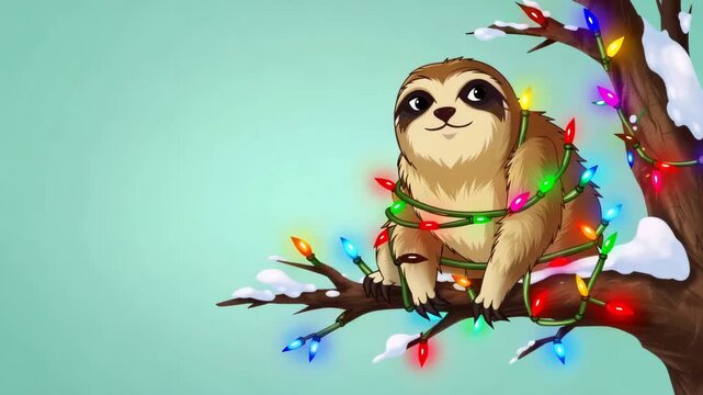 A cute cartoon sloth wrapped in colorful Christmas lights sitting on a snowy tree branch against a light blue background.