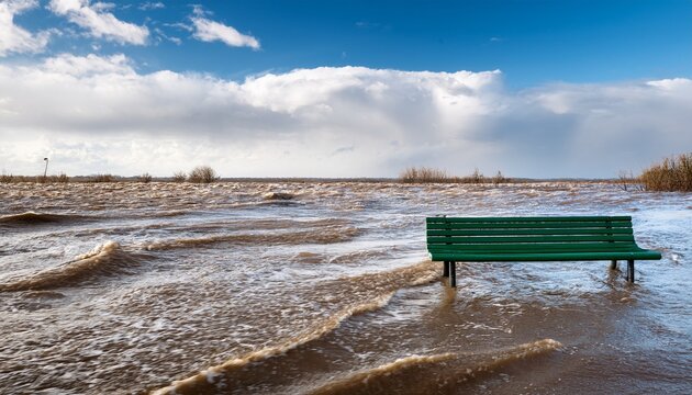 flood flooding bench floodwater inundation disaster brown water current waves outdoor scene with solitary green bench surrounded by turbulent high water and severe weather conditions