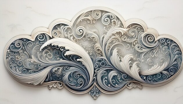 ornate cloud shaped decorative border with scrollwork on white textured paper