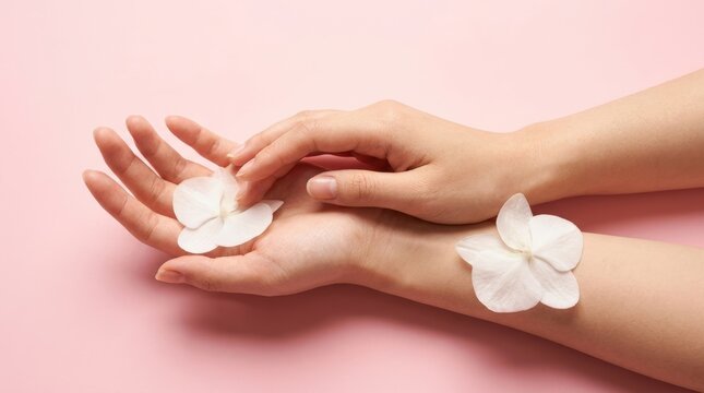 Delicate Woman Hands with White Flower Petals on Pink Background.