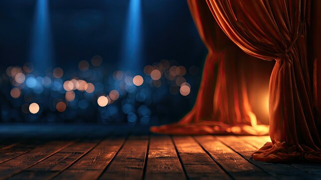 Dramatic stage with opulent red curtains, spotlighted performance space, bokeh