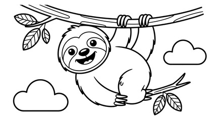 Fototapeta premium Cute sloth hanging from a tree branch coloring page with coloring children wildlife illustration activity character