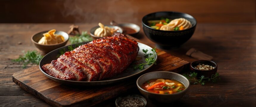 Barbecue Ribs on a Wooden Board with Side Dishes and Steaming Soup