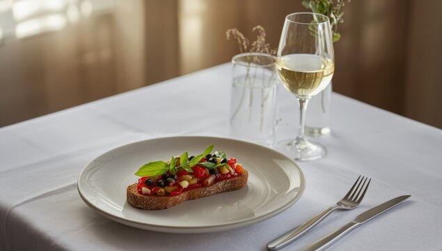 Fresh Bruschetta with Tomatoes and Basil on a White Table with Wine Glass