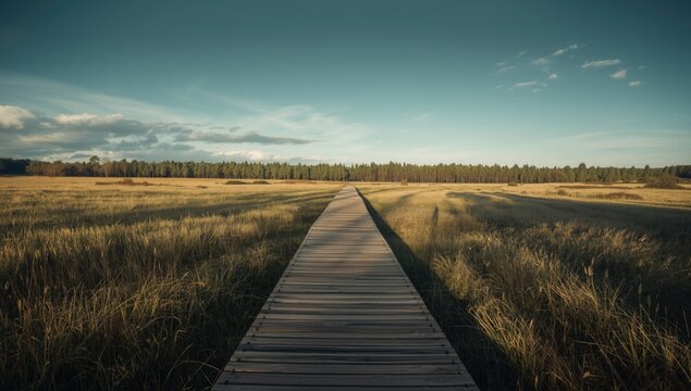 Wooden Boardwalk Leading Through Tall Grasses Under a Clear Sky